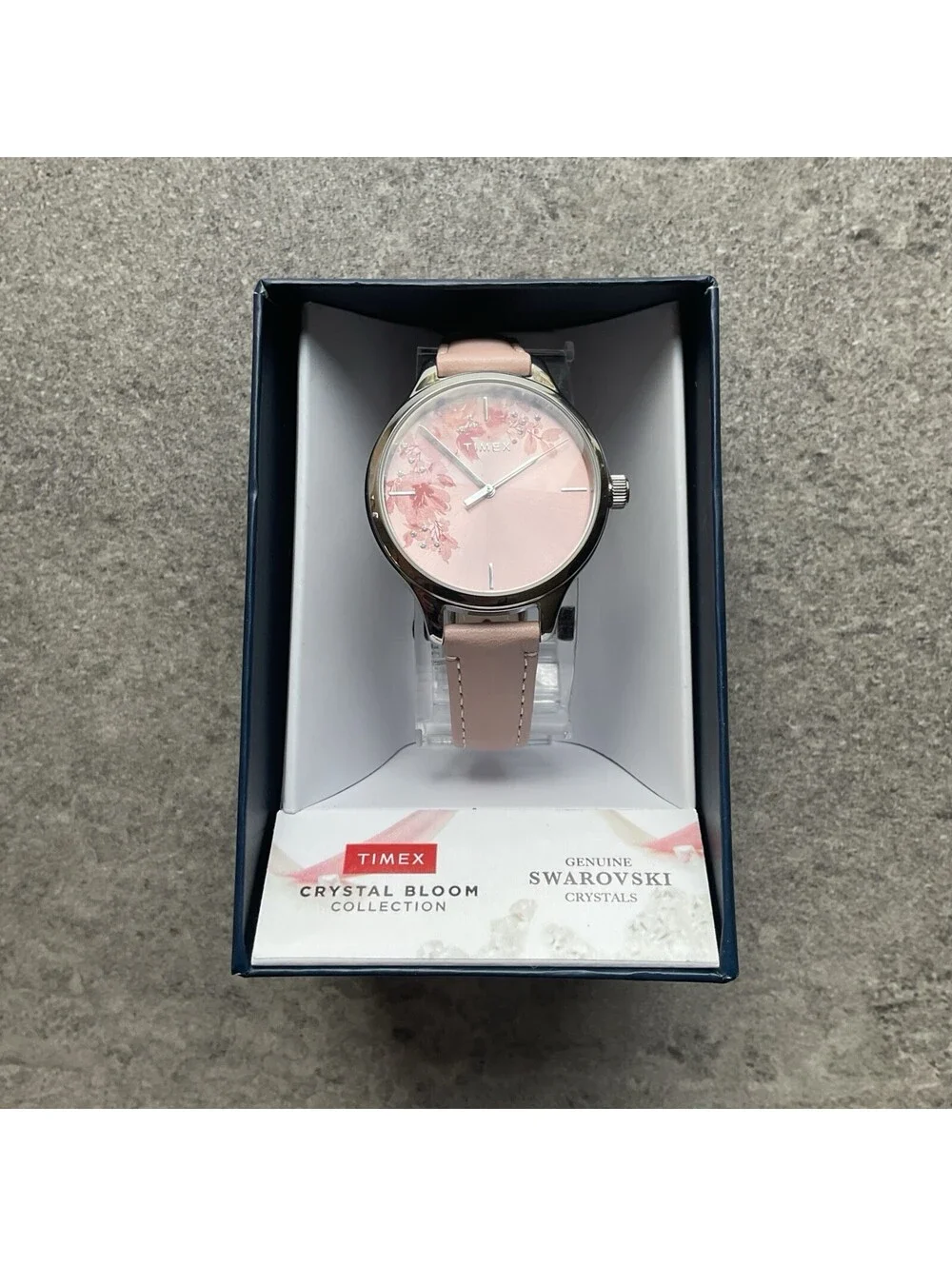 Timex Womens Watch 36mm Case Floral Dial Pink Leather Band Quartz Three Hands S2